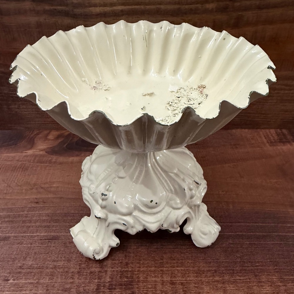 Vintage 1972 Cast Metal French Country Pedestal Bowl Scalloped Ornate Compote